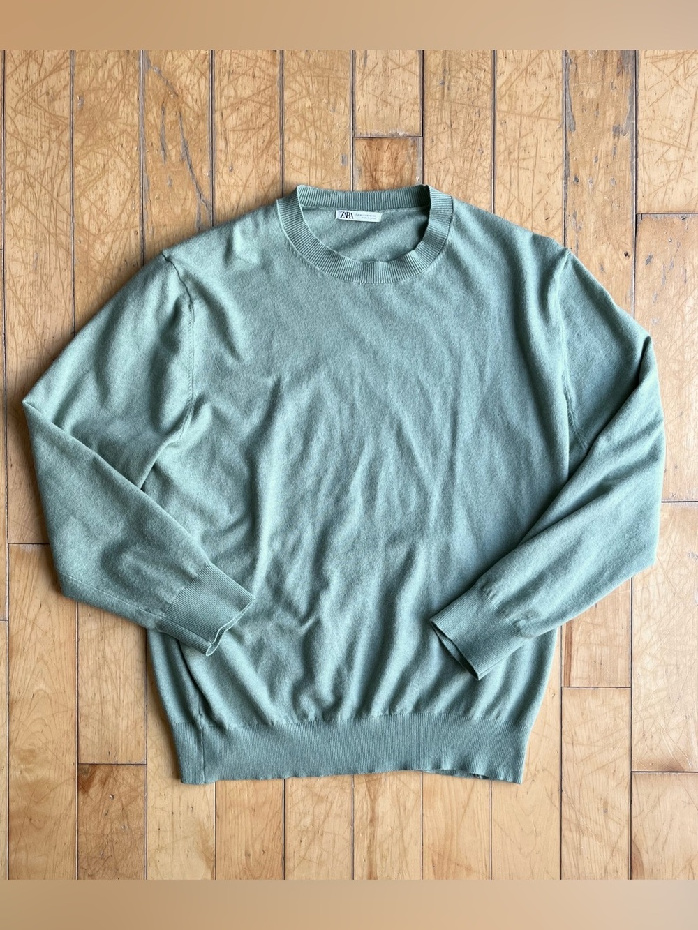 Zara Knit Sage Green Lightweight Crew Neck Sweater Minimalist Crewneck Size XL